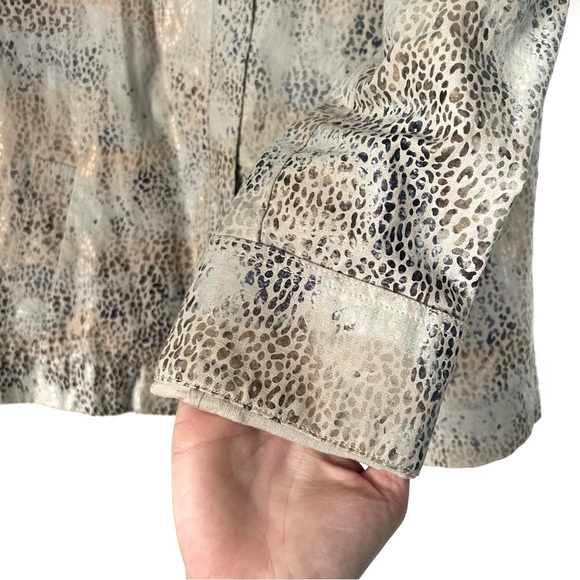 SC Collection Beige Gold Blue Linen Animal Print Jacket Metallic Zipper Size 14 - Picture 9 of 10